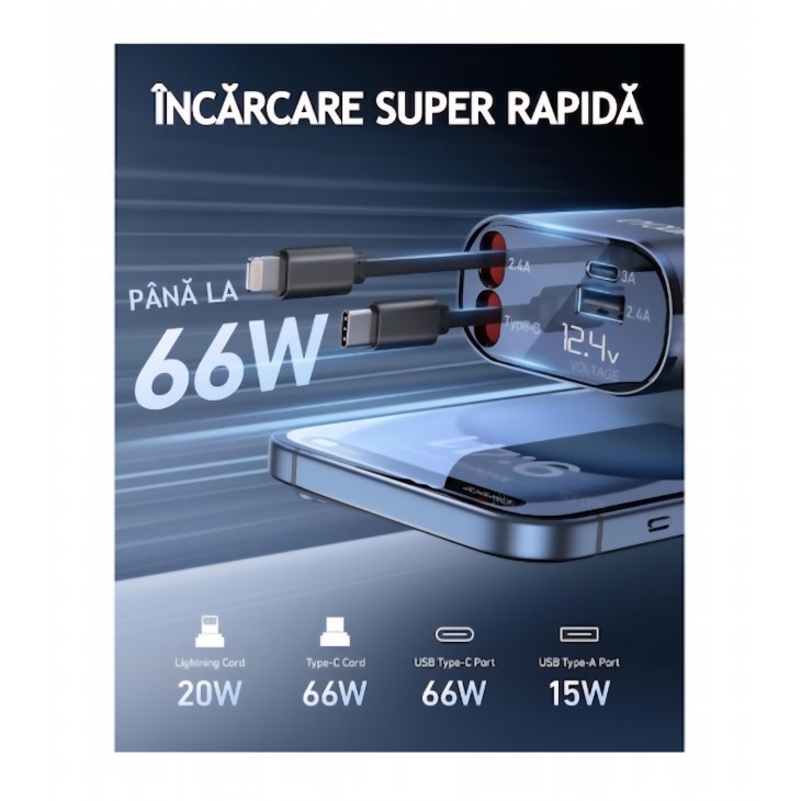 Incarcator auto multiplu 4 in 1, THD, incarcare rapida, putere maxima 66W, afisaj digital, design cu doua cabluri retractabile UCB Type C si Apple, 2 porturi iesire USB si USB-C