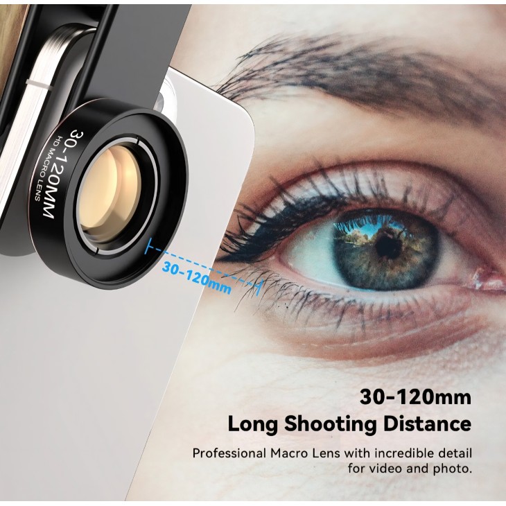 Lentila macro profesionala, Apexel,120mm HD, clip prindere, nail artist, gene, makeup, compatibila iPhone 16,15,14,13, Samsung, Honor, Google Pixel