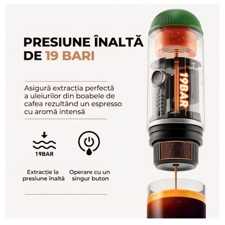 Espressor Manual si Portabil 2 in 1 - Aparat de Cafea pentru Capsule si Cafea Macinata - 19 Bari, Functie de Incalzire, Acumulator Reincarcabil – Ideal pentru Calatorii, Camping si Birou Bukate