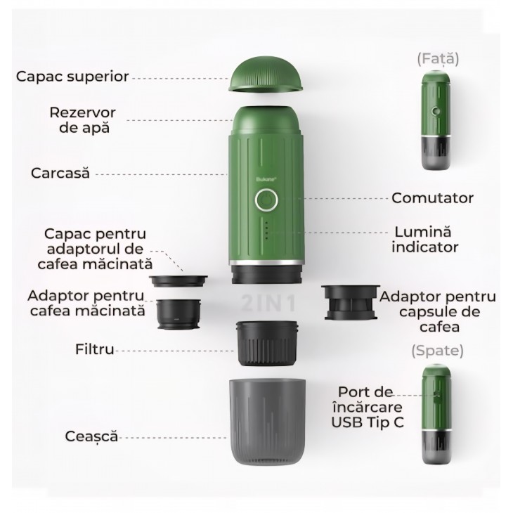 Espressor Manual si Portabil 2 in 1 - Aparat de Cafea pentru Capsule si Cafea Macinata - 19 Bari, Functie de Incalzire, Acumulator Reincarcabil – Ideal pentru Calatorii, Camping si Birou Bukate