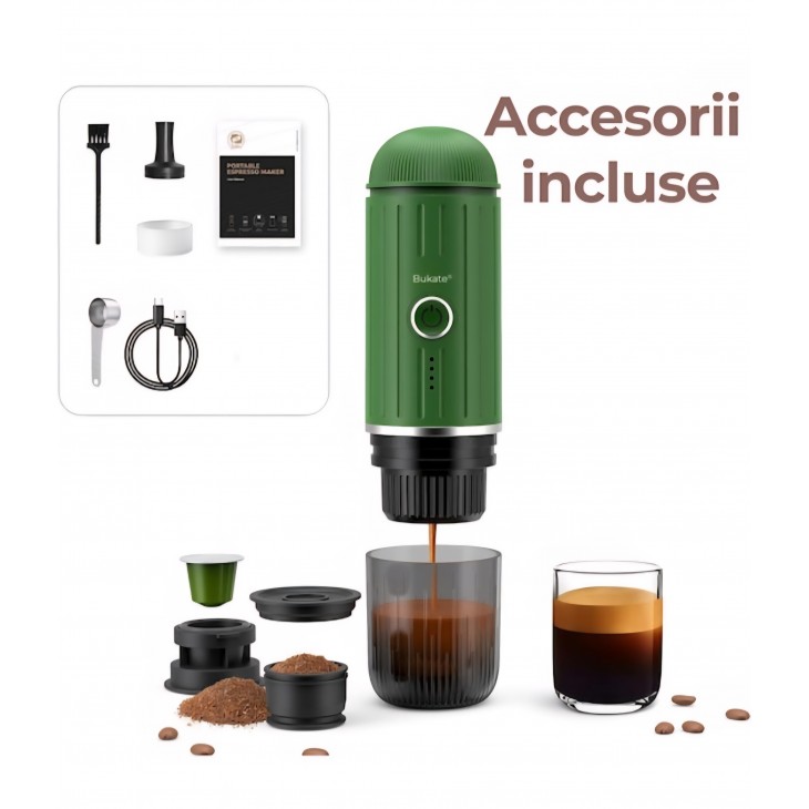 Espressor Manual si Portabil 2 in 1 - Aparat de Cafea pentru Capsule si Cafea Macinata - 19 Bari, Functie de Incalzire, Acumulator Reincarcabil – Ideal pentru Calatorii, Camping si Birou Bukate