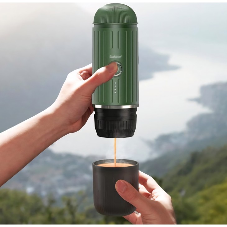 Espressor Manual si Portabil 2 in 1 - Aparat de Cafea pentru Capsule si Cafea Macinata - 19 Bari, Functie de Incalzire, Acumulator Reincarcabil – Ideal pentru Calatorii, Camping si Birou Bukate