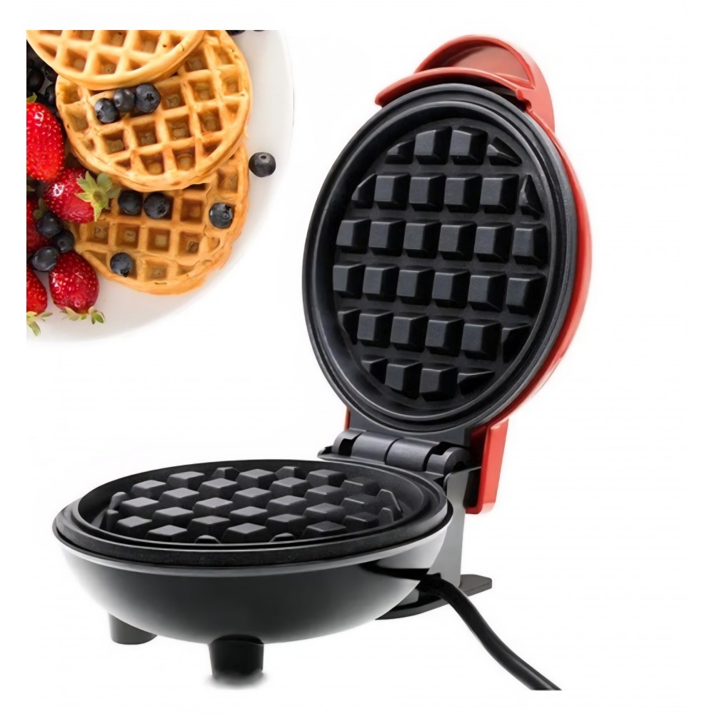 Mini Aparat de facut gofre si vafe, Bukate, Placi antiaderente, Indicator luminos, Rosu