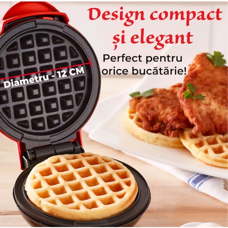Mini Aparat de facut gofre si vafe, Bukate, Placi antiaderente, Indicator luminos, Rosu