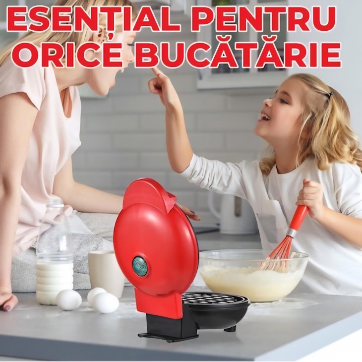Mini Aparat de facut gofre si vafe, Bukate, Placi antiaderente, Indicator luminos, Rosu