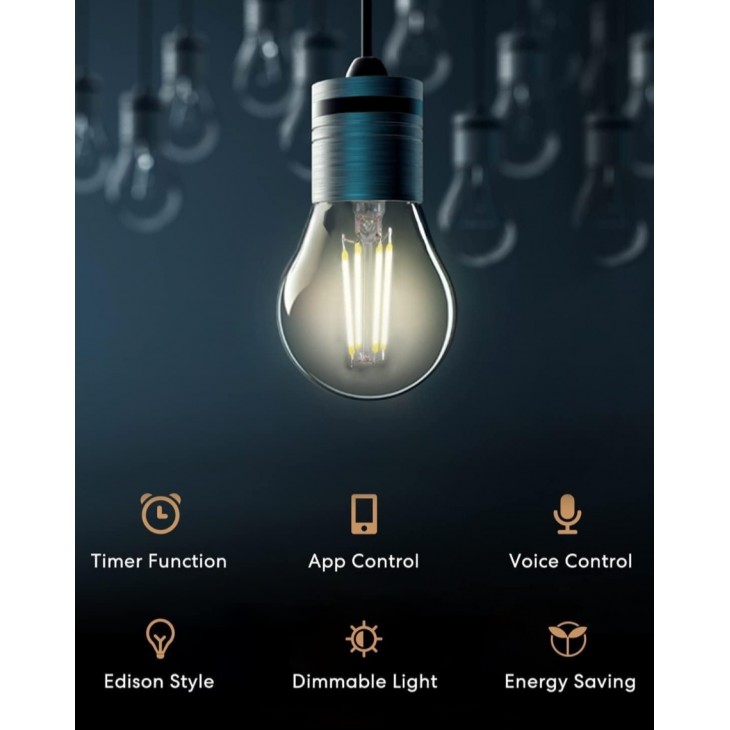 Set 2 Becuri Smart LED, Meross Smart Edison E27, vintage, control prin Apple HomeKit, Alexa, Google Home si SmartThings, reglabile, clasa de consum A
