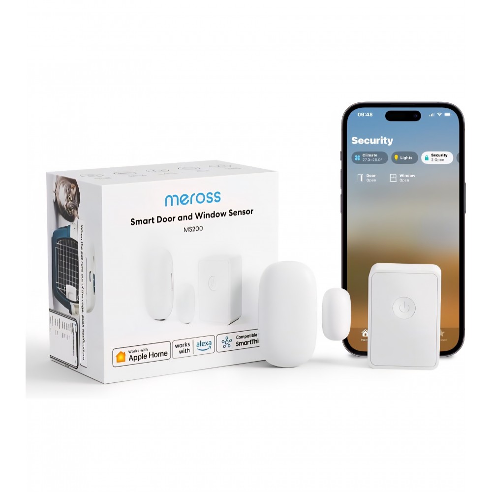 Senzor inteligent pentru usi si ferestre, Meross WLAN, Hub inclus, sistem de alarma wireless, notificari in timp real, compatibil Apple HomeKit, Alexa, Google Home si SmartThings