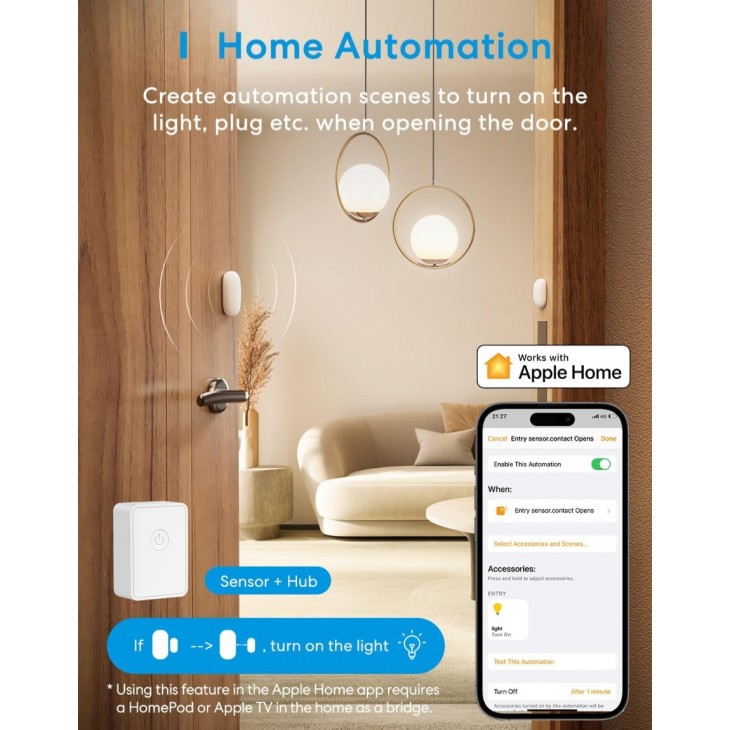 Senzor inteligent pentru usi si ferestre, Meross WLAN, Hub inclus, sistem de alarma wireless, notificari in timp real, compatibil Apple HomeKit, Alexa, Google Home si SmartThings