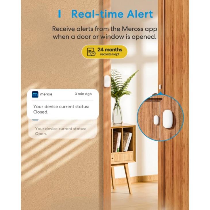 Senzor inteligent pentru usi si ferestre, Meross WLAN, Hub inclus, sistem de alarma wireless, notificari in timp real, compatibil Apple HomeKit, Alexa, Google Home si SmartThings