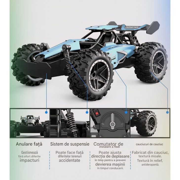Masinuta RC Off-Road Monster Truck 1:18, THD M8, 2.4GHz, Viteza 20+ km/h, 2WD, Waterproof, RTR, albastru
