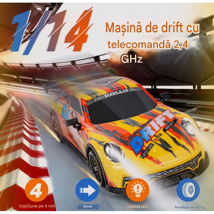 Masina cu telecomanda Drift, JONRRYIN, Scara 1:14, 4WD, Viteza 25 km/h, Functie Drift, Faruri LED, pentru copii 8+ si adulti