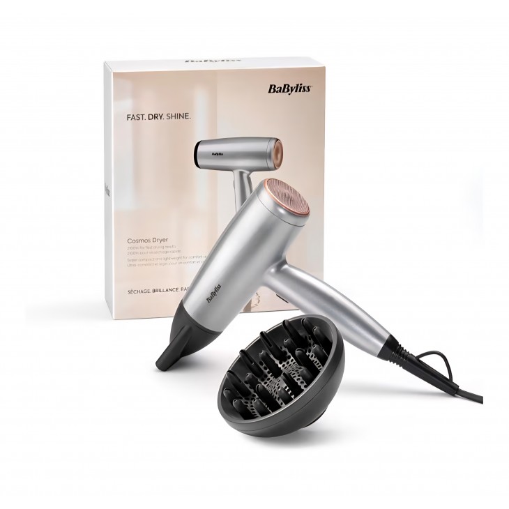 Uscator de Par, BaByliss Cosmos D580DE, lightweight 2100W, tehnologie Ionica Anti-Frizz, 3 Trepte de temperatura, 2 Viteze, Difuzor Inclus, Design Elegant, Silver, Model 2025