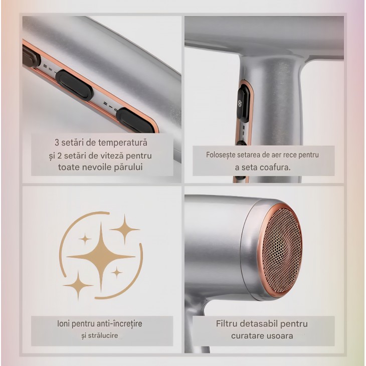 Uscator de Par, BaByliss Cosmos D580DE, lightweight 2100W, tehnologie Ionica Anti-Frizz, 3 Trepte de temperatura, 2 Viteze, Difuzor Inclus, Design Elegant, Silver, Model 2025