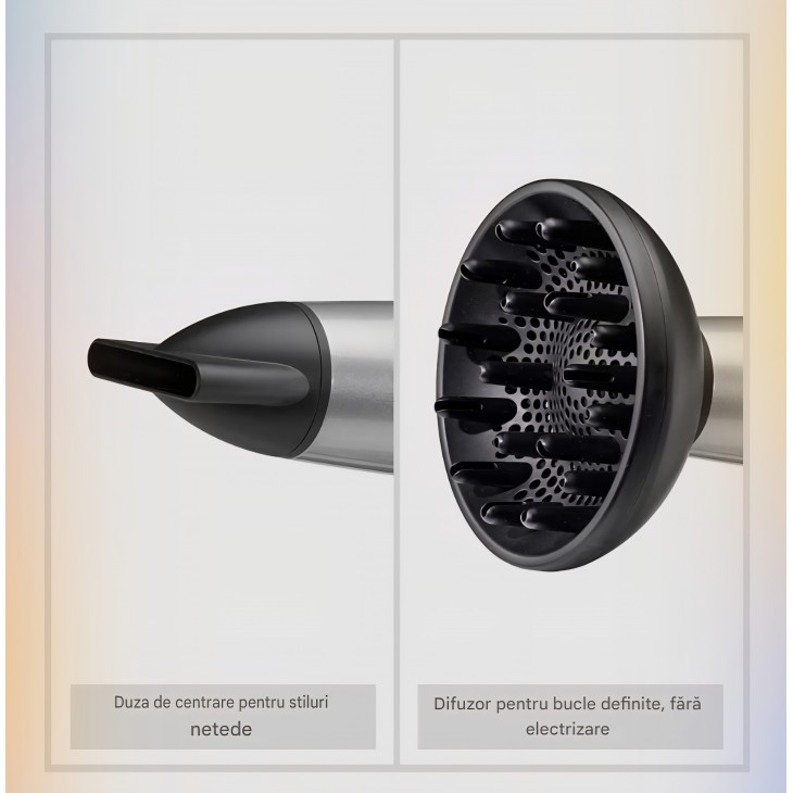 Uscator de Par, BaByliss Cosmos D580DE, lightweight 2100W, tehnologie Ionica Anti-Frizz, 3 Trepte de temperatura, 2 Viteze, Difuzor Inclus, Design Elegant, Silver, Model 2025