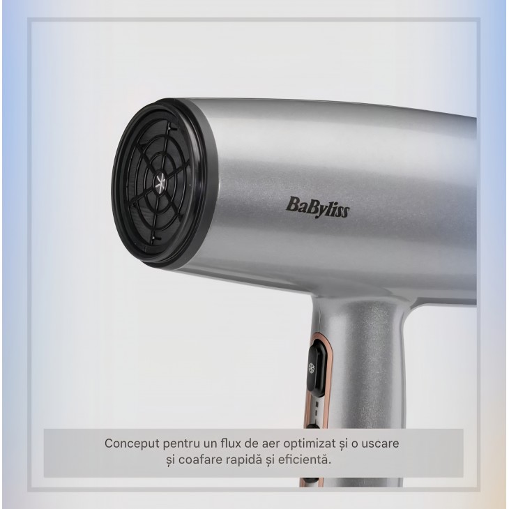 Uscator de Par, BaByliss Cosmos D580DE, lightweight 2100W, tehnologie Ionica Anti-Frizz, 3 Trepte de temperatura, 2 Viteze, Difuzor Inclus, Design Elegant, Silver, Model 2025