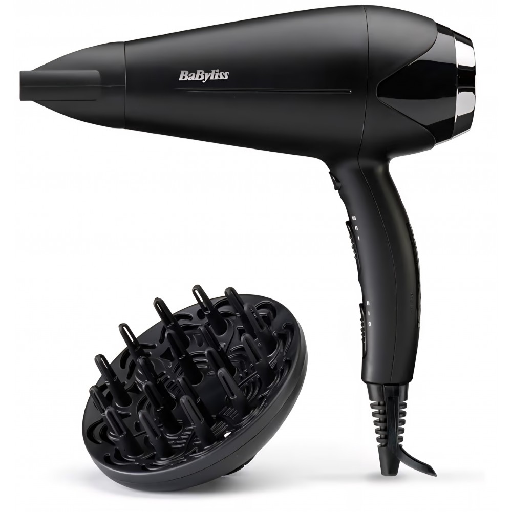Uscator de par, BaByliss Turbo Smooth D572DE, 2200 W, tehnologie ionica anti-frizz, 3 trepte de temperatura, 2 viteze, difuzor mare, negru