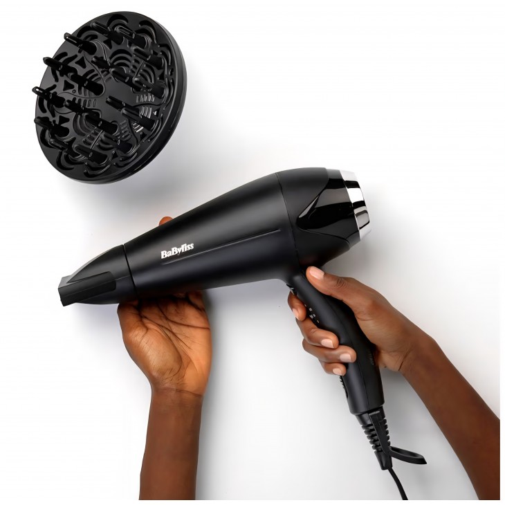 Uscator de par, BaByliss Turbo Smooth D572DE, 2200 W, tehnologie ionica anti-frizz, 3 trepte de temperatura, 2 viteze, difuzor mare, negru