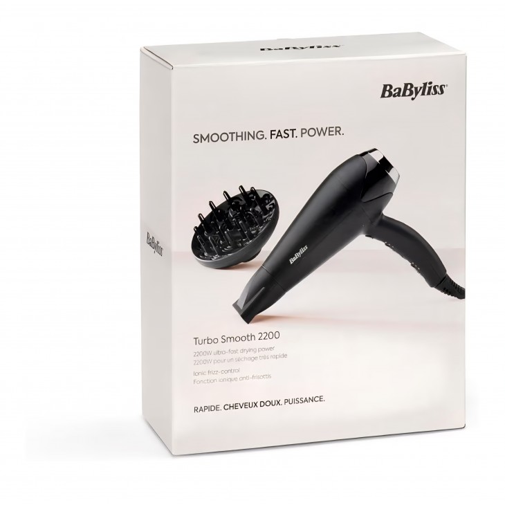 Uscator de par, BaByliss Turbo Smooth D572DE, 2200 W, tehnologie ionica anti-frizz, 3 trepte de temperatura, 2 viteze, difuzor mare, negru