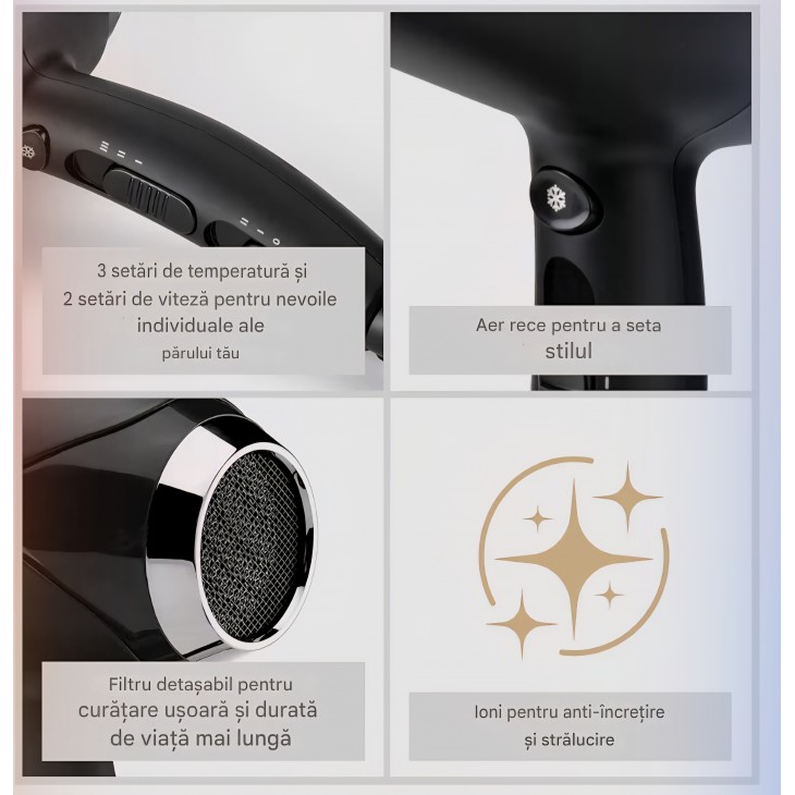 Uscator de par, BaByliss Turbo Smooth D572DE, 2200 W, tehnologie ionica anti-frizz, 3 trepte de temperatura, 2 viteze, difuzor mare, negru