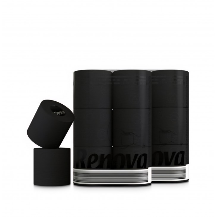Hartie igienica, Renova Black Label, 3 straturi, extra soft, culoare neagra, 6 role x 2 pachete (12 role)