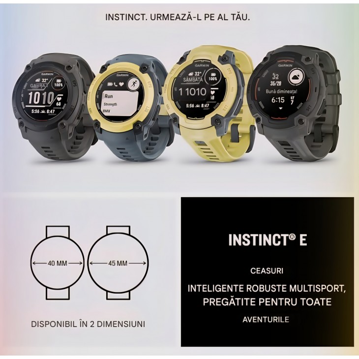 Smartwatch multisport, Garmin Instinct E 45 mm, GPS, display 0.9″, autonomie până la 16 zile, coach Integrat, recepție Multi-Satellite, culoare Electric Lime