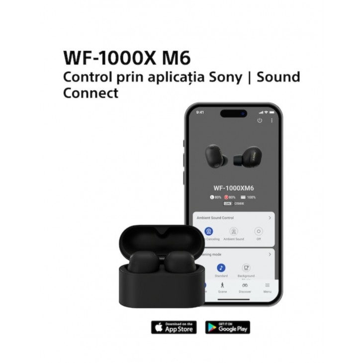 Casti Audio In-Ear Sony WF-1000XM6B, True Wireless, Bluetooth, Noise cancelling, Hi-Res Audio, Microfon, Autonomie de pana la 24 ore, IPX4, iOS si Android, Negru