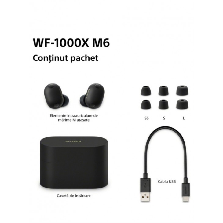Casti Audio In-Ear Sony WF-1000XM6B, True Wireless, Bluetooth, Noise cancelling, Hi-Res Audio, Microfon, Autonomie de pana la 24 ore, IPX4, iOS si Android, Negru