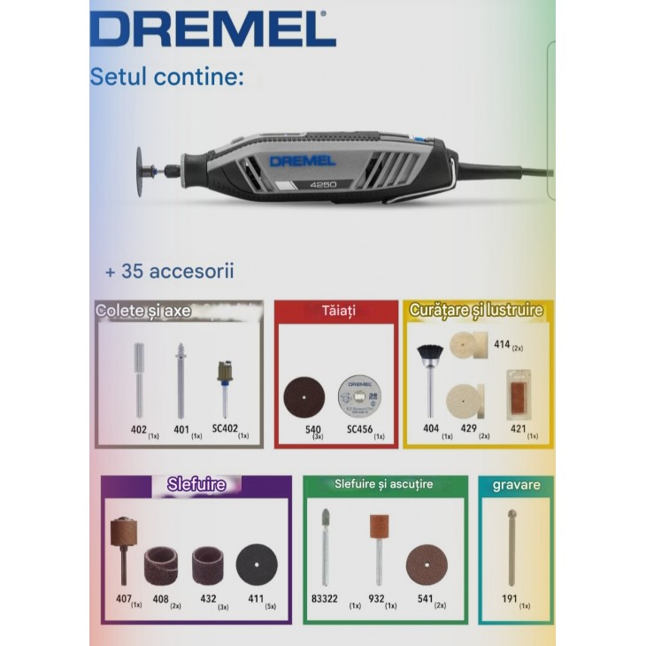 Unealta Rotativa Multifunctionala, Dremel 4250, putere 175W, 35 accesorii incluse, viteza variabila 5.000–35.000 rpm, motor cu electronica constanta pentru precizie maxima