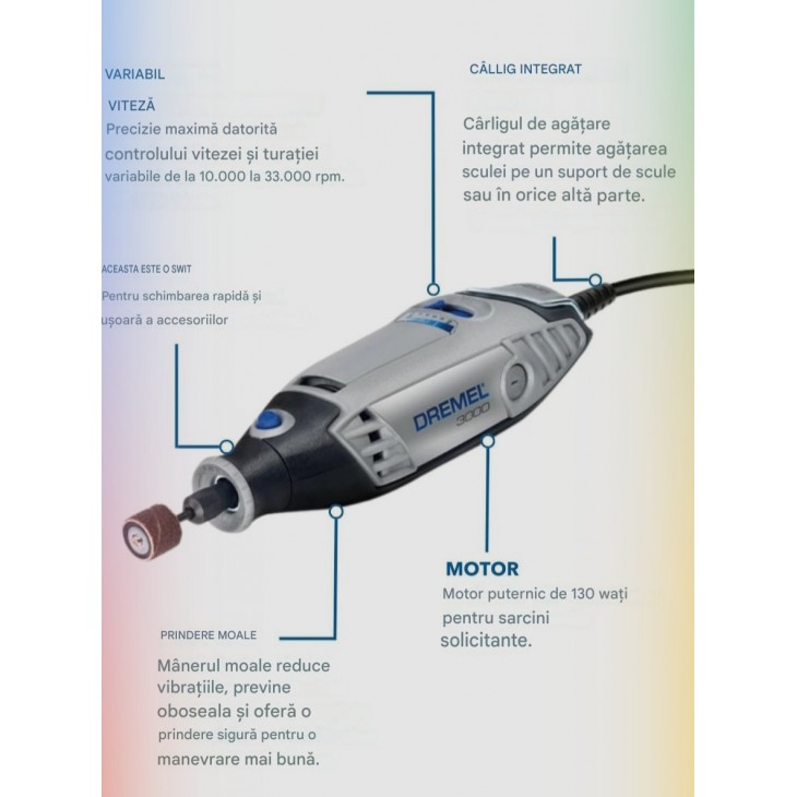 Unealta Rotativa Multifunctionala, Dremel 3000, putere 130W, set cu 1 atasament inclus,  Taiere, Slefuire, Gravare si Lustruire