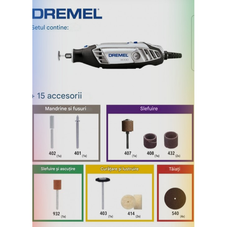 Unealta Rotativa Multifunctionala, Dremel 3000, putere 130W, set cu 1 atasament inclus,  Taiere, Slefuire, Gravare si Lustruire