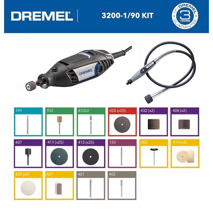 Unealta Rotativa Multifunctionala, Dremel 3200, putere 130W cu ax flexibil, 90 Accesorii Incluse, viteza variabila 10.000–35.000 rpm, Taiere, Gravare si Lustruire de Precizie 