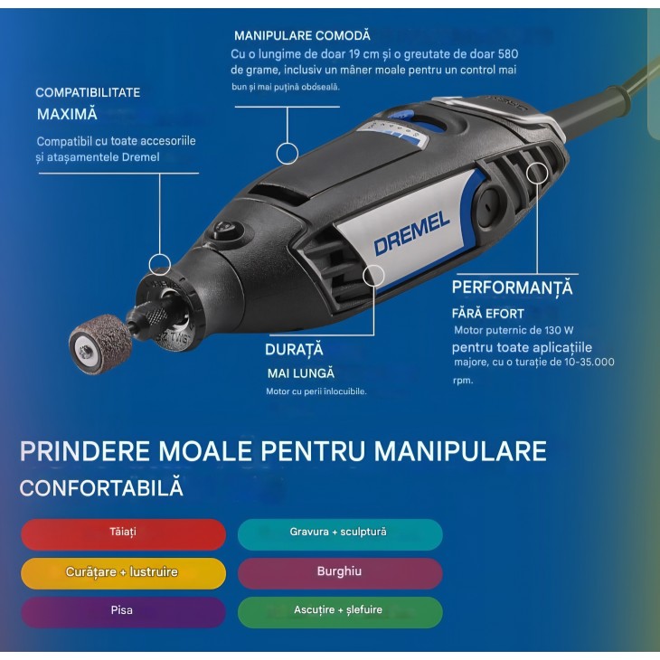 Unealta Rotativa Multifunctionala, Dremel 3200, putere 130W cu ax flexibil, 90 Accesorii Incluse, viteza variabila 10.000–35.000 rpm, Taiere, Gravare si Lustruire de Precizie 
