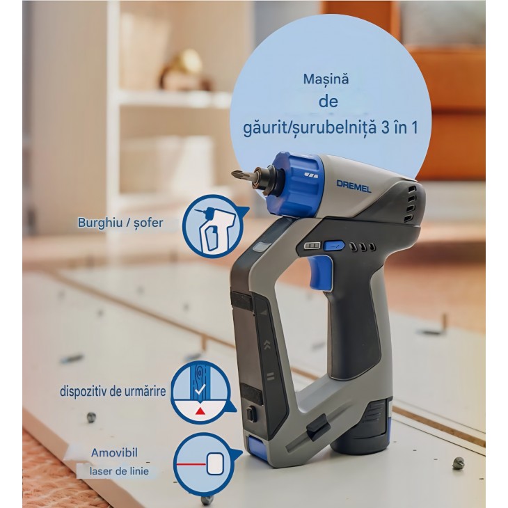 Masina de gaurit si insurubat fara fir, Dremel Blueprint, baterie 12V, laser liniar, burghiu si set biti