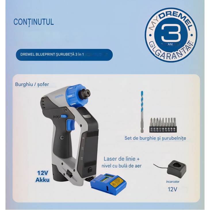Masina de gaurit si insurubat fara fir, Dremel Blueprint, baterie 12V, laser liniar, burghiu si set biti