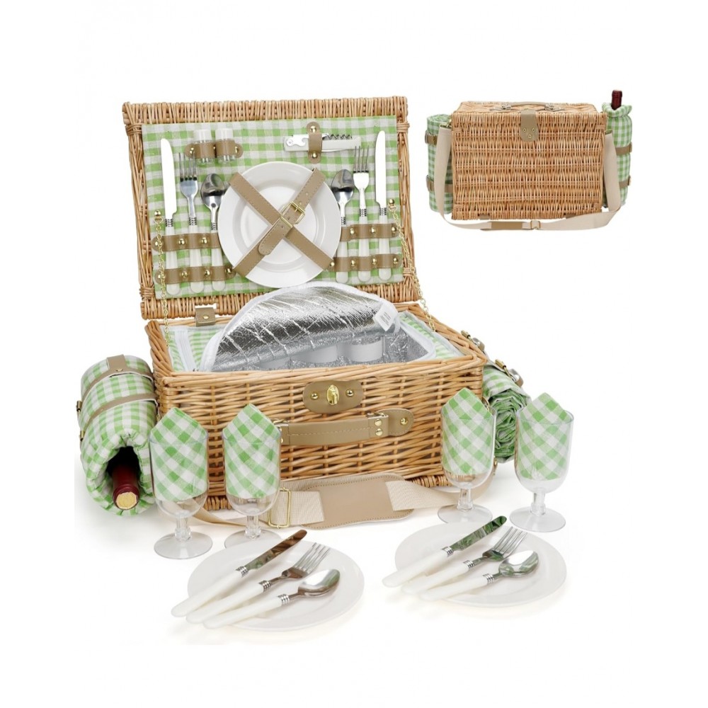 Cos picnic handmade din rachita, Willow Weave GC-01,  4 persoane, compartiment termoizolat, curea de umar si patura impermeabila inclusa, camping, parc, iesiri in natura