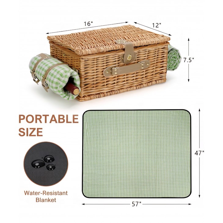 Cos picnic handmade din rachita, Willow Weave GC-01,  4 persoane, compartiment termoizolat, curea de umar si patura impermeabila inclusa, camping, parc, iesiri in natura