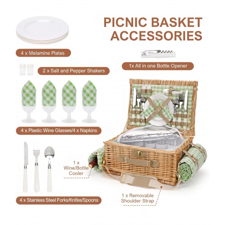 Cos picnic handmade din rachita, Willow Weave GC-01,  4 persoane, compartiment termoizolat, curea de umar si patura impermeabila inclusa, camping, parc, iesiri in natura
