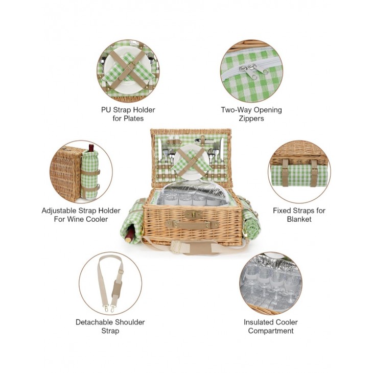 Cos picnic handmade din rachita, Willow Weave GC-01,  4 persoane, compartiment termoizolat, curea de umar si patura impermeabila inclusa, camping, parc, iesiri in natura