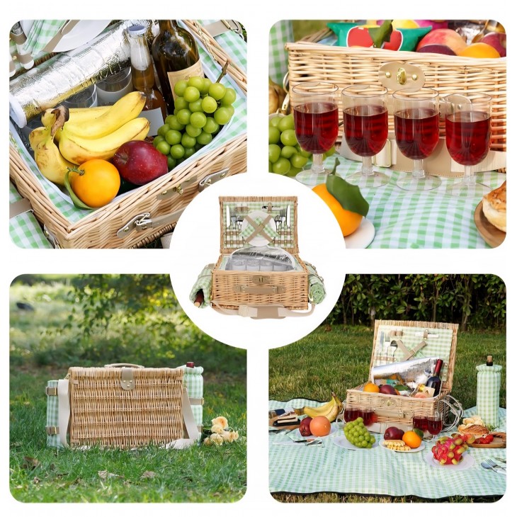 Cos picnic handmade din rachita, Willow Weave GC-01,  4 persoane, compartiment termoizolat, curea de umar si patura impermeabila inclusa, camping, parc, iesiri in natura
