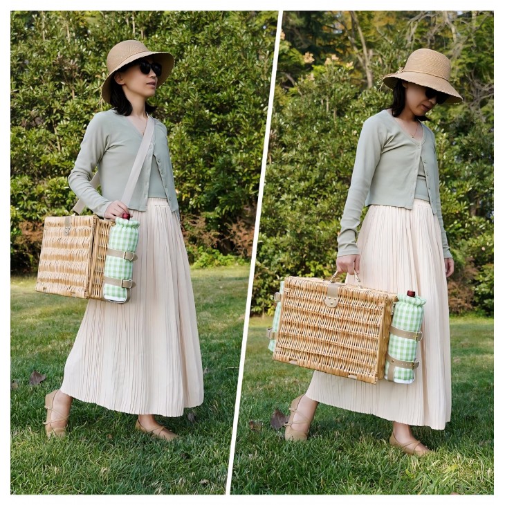 Cos picnic handmade din rachita, Willow Weave GC-01,  4 persoane, compartiment termoizolat, curea de umar si patura impermeabila inclusa, camping, parc, iesiri in natura