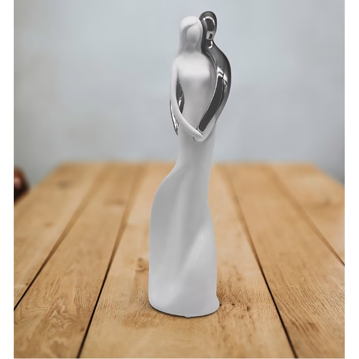 Figurina decorativa, FeinKnick, cuplu armonios argintiu, sculptura moderna 28 cm, simbol al iubirii si afectiunii, pentru Living, Birou, idee speciala de cadou