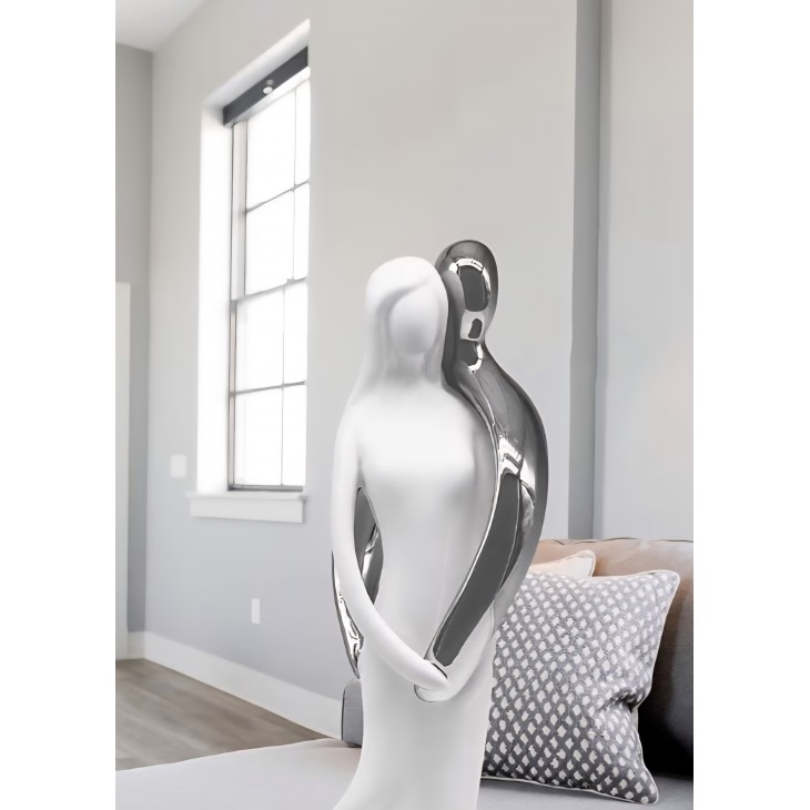 Figurina decorativa, FeinKnick, cuplu armonios argintiu, sculptura moderna 28 cm, simbol al iubirii si afectiunii, pentru Living, Birou, idee speciala de cadou