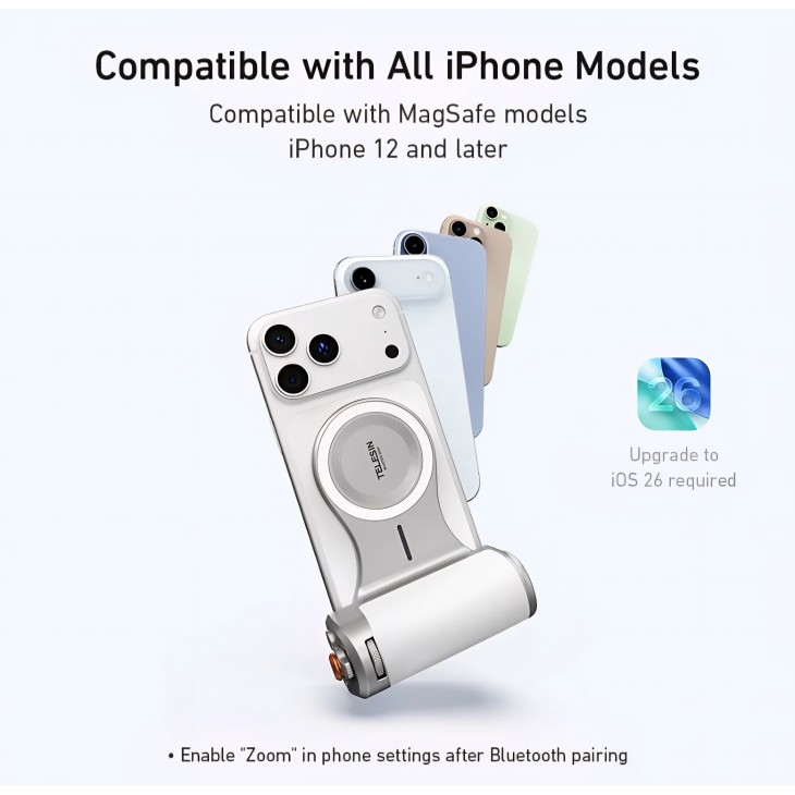 Grip magnetic foto profesional, TELESIN P5-MP-003WH, control zoom, declansator si baterie incorporata, compatibil iPhone 17 Pro Max, 17 Pro, 17e, 16, 15, 14, 13, 12