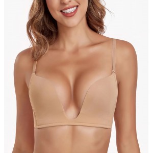 Sutien Deep V Push-Up, Lemorosy L01, decolteu adanc U-Shape, Push Up Natural, bretele multipozitie, ideal rochii, marime 75B, Bej