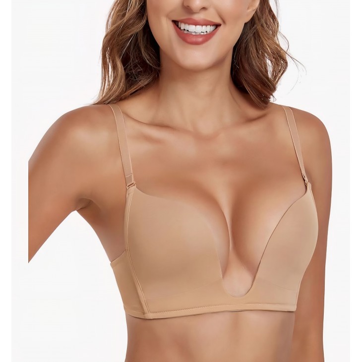Sutien Deep V Push-Up, Lemorosy L01, decolteu adanc U-Shape, Push Up Natural, bretele multipozitie, ideal rochii, marime 75C, Bej