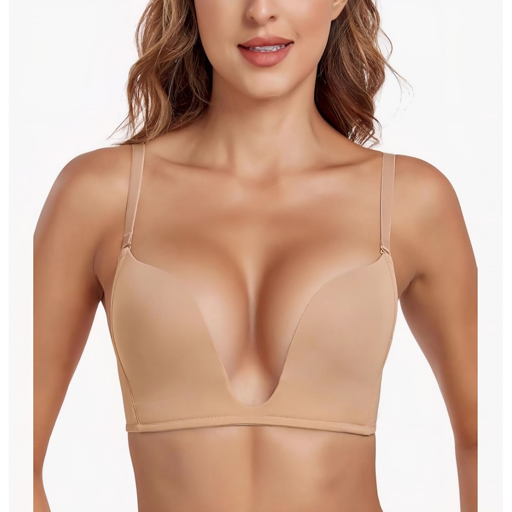 Sutien Deep V Push-Up, Lemorosy L01, decolteu adanc U-Shape, Push Up Natural, bretele multipozitie, ideal rochii, marime 75C, Bej