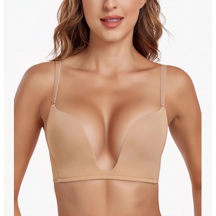 Sutien Deep V Push-Up, Lemorosy L01, decolteu adanc U-Shape, Push Up Natural, bretele multipozitie, ideal rochii, marime 75B, Bej