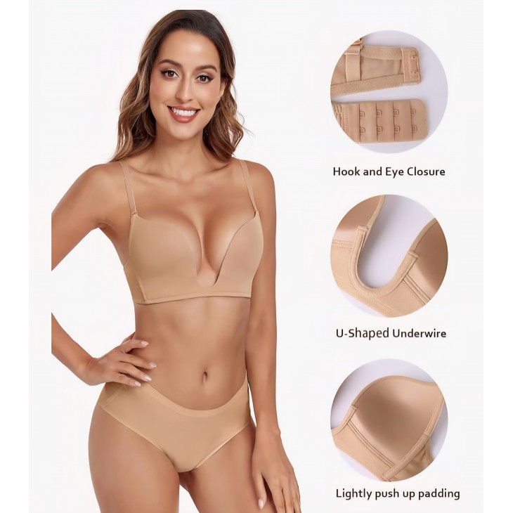 Sutien Deep V Push-Up, Lemorosy L01, decolteu adanc U-Shape, Push Up Natural, bretele multipozitie, ideal rochii, marime 75C, Bej