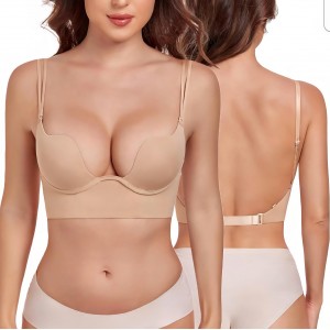 Sutien cu decolteu adanc, Lemorosy Backless L02, push-up cu armatura, spate gol, bretele multifuncționale pentru rochii elegante, marime 75B, Bej