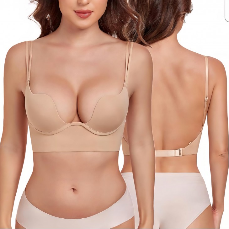 Sutien cu decolteu adanc, Lemorosy Backless L02, push-up cu armatura, spate gol, bretele multifuncționale pentru rochii elegante, marime 75C, Bej